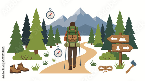 Hiker with backpack walking towards mountains on a forest trail