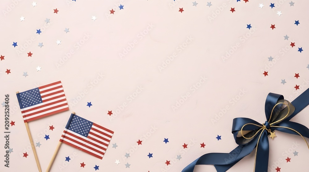 Obraz premium Labor day celebration american flags confetti and ribbon on pastel pink background for holiday marketing