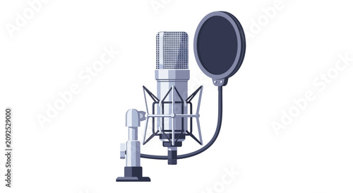 Professional Condenser Microphone with Pop Filter and Shock Mount for Podcast, Radio, and Music Studio Recording - Flat Vector Illustration isolated on White