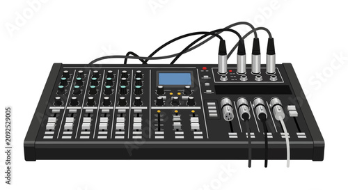 Professional Audio Mixing Console with XLR Cables Isolated on White Background