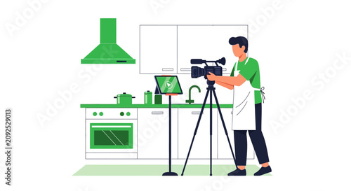 Professional Chef Filming a Cooking Video in Modern Kitchen for Social Media and Online Courses