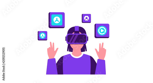 Woman Wearing VR Headset Exploring Metaverse with Floating Digital App Icons Flat Vector Illustration