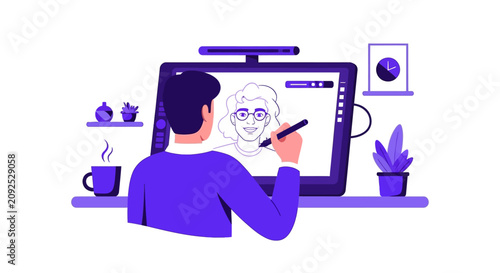 Digital Artist Working on Graphic Tablet Creating Vector Portrait Illustration in Home Office