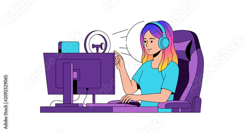 Young Female Content Creator or Gamer Streaming Live with Professional Setup, Ring Light and Headphones - Vector Illustration