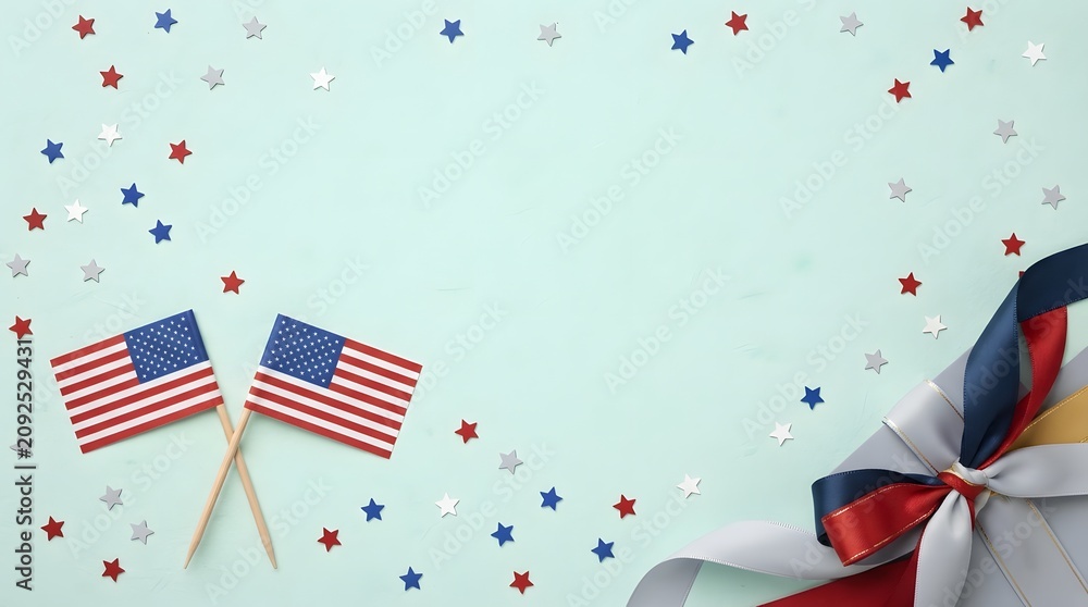Obraz premium Labor day celebration american flags patriotic confetti and festive ribbons on light blue background