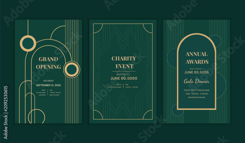 Luxury Emerald Green Art Deco Invitation Card Set with Elegant Event Templates