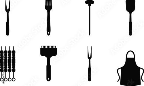 Canvastavla Set of barbecue tool silhouettes including grill fork, spatula, basting brush, s