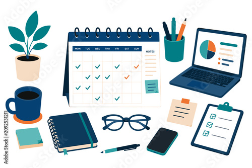 Organized desk holds planner, laptop, and coffee. Green plant adds freshness to tidy workspace. Glasses, notebook, and pen suggest focused work. Clipboard and smartphone hint at multitasking