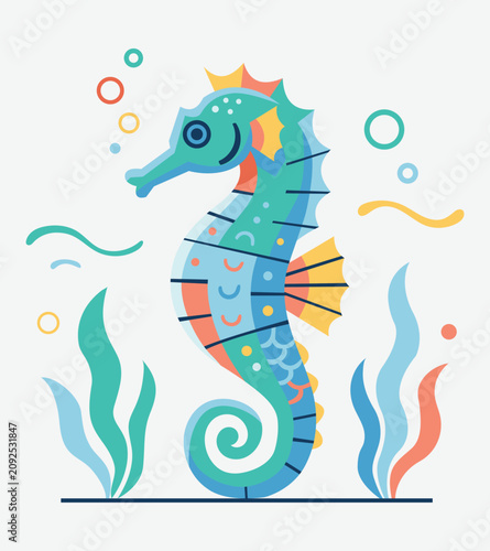 Colorful Seahorse Flat Vector Illustration with Underwater Sea Plants and Marine Elements Isolated on Light Background