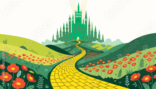 Very beautiful realistic vector illustration of a yellow brick road winding through a vibrant poppy field toward a glowing emerald city on the horizon, magical fantasy landscape, rolling green hills, 