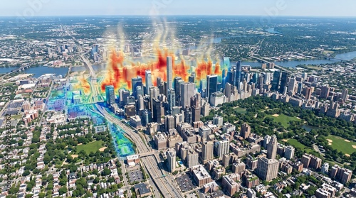Aerial photograph of city center showing urban heat island effect with visible heat shimmer concentrated above downtown buildings and roads while surrounding parks appear visibly cooler.