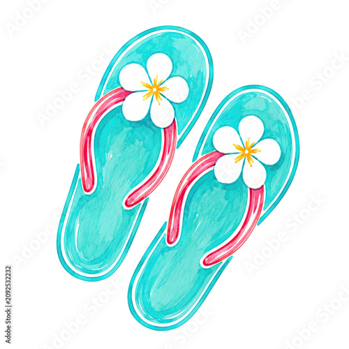 Turquoise Flip Flops with Tropical Flowers Summer Beach Illustration for Vacation Designs