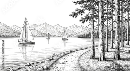 Detailed black and white illustration of sailboats on a serene mountain lake, with a winding forest path, pine trees, and calm water reflections.