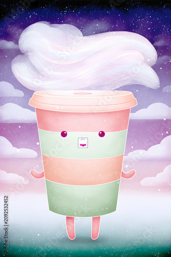 Colorful cartoon cup with arms and legs floats in space with swirling clouds in the background at night