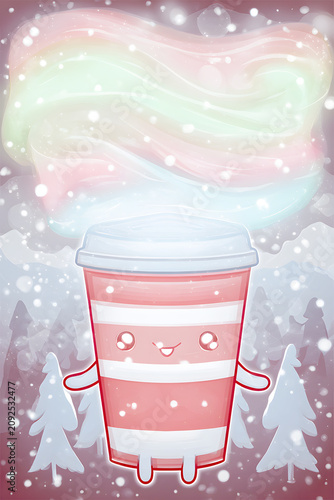Cute cartoon coffee cup in snowy forest scene with colorful steam and happy expression