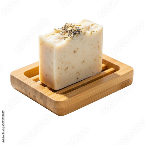 Artisanal natural soap bar with botanicals on a wooden soap dish isolated on transparent background for web, branding, and packaging