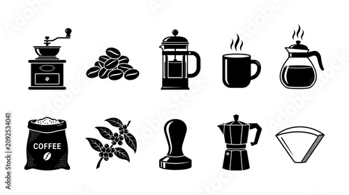 Foto Coffee Icons Set with Grinder, Moka Pot, Filter, Cup, Beans, and Kettle, Black L