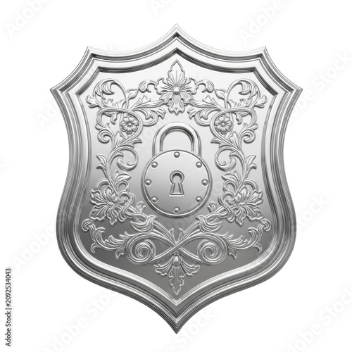 Ornate silver security shield icon with padlock isolated on transparent background for branding and web design