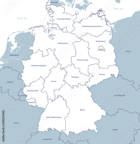 Political map of Germany showing the borders of the federal states, country outline with the borders of neighboring states, editable vector, detailed cartography