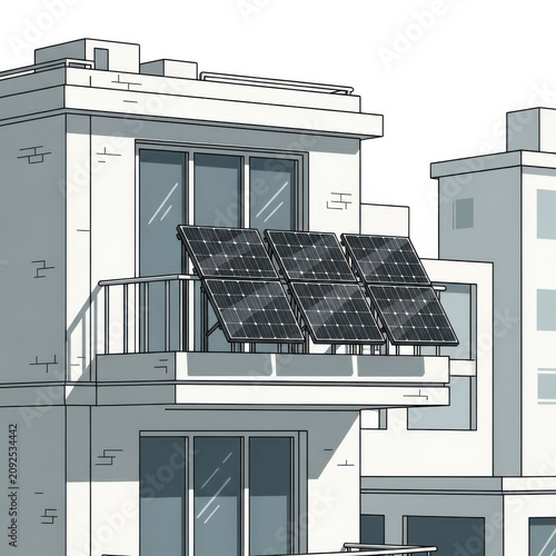 Solar panels on a building balcony isolated on transparent background for web design and environmental illustration