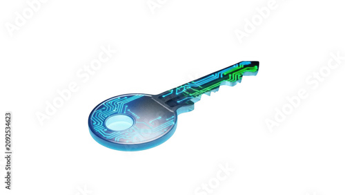 Futuristic digital key with circuit board design isolated on transparent background for cybersecurity and technology branding