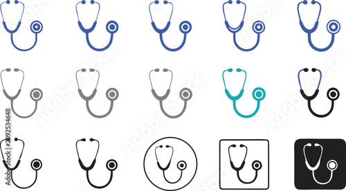 Stethoscope Icon Set with Medical Healthcare Symbol in Blue Black and Color Variations