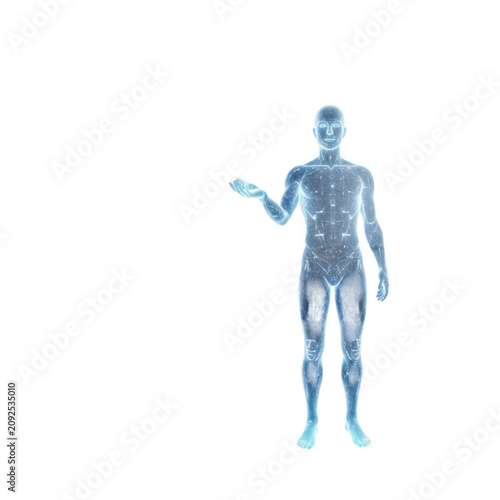 Digital wireframe human figure isolated on transparent background for technology, data science, and web design