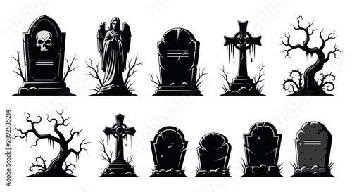 Canvastavla Gothic cemetery gravestones and spooky dead trees vector set, black silhouette t