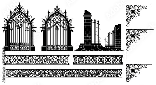 Schilderij op canvas Gothic wrought iron gate and fence vector set, ornate architectural metalwork el