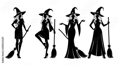 Photos Halloween witch silhouette collection, elegant female sorceress with broomstick