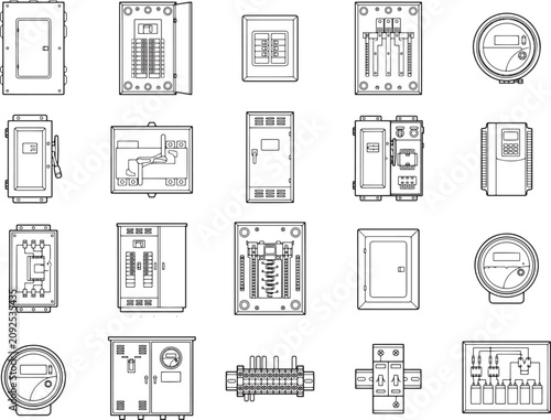 A collection of electrical panel illustrations, including circuit breakers, meter boxes, and junction boxes, presented in a clean, technical drawing style.