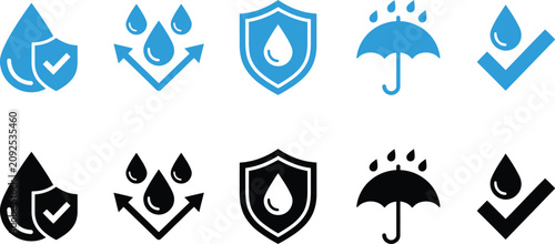 waterproof icons set with shield and umbrella