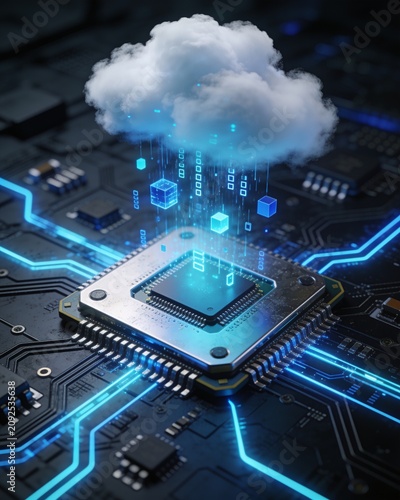 A futuristic digital cloud computing concept featuring data packets streaming from a fluffy cloud onto a glowing motherboard processor