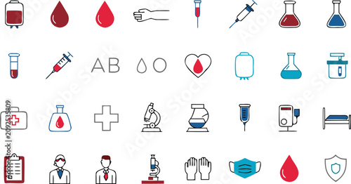Blood Donation Icon Set with Transfusion Syringe Laboratory and Medical Test Symbols Vector