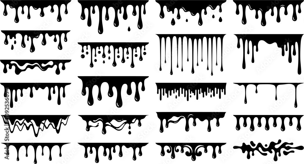 Fototapeta premium Dripping Liquid Border Silhouette Set with Melting Paint, Ink, Slime and Goo Drops Isolated on White Background
