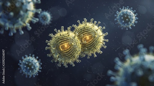Photos Viruses with glowing cores in dark blue fluid with bokeh effect in macro view