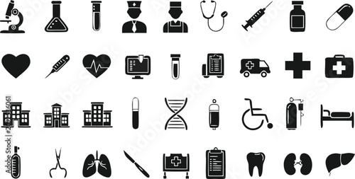 Black Medical Icon Set with Hospital Doctor Organs and Laboratory Equipment Vector