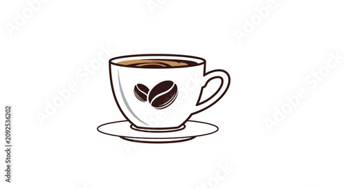 Fresh cup of coffee with saucer and beans graphic isolated on clean white background for cafe branding.