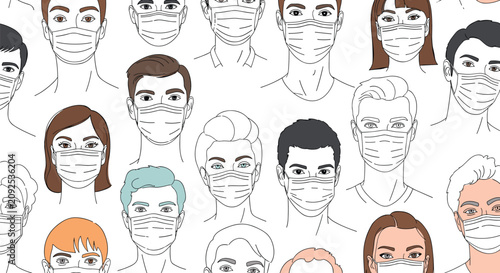 Modern seamless pattern of diverse people sketch wearing face masks representing safety and healthcare.