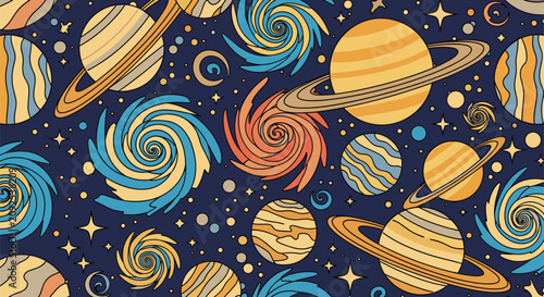 Colorful retro space seamless pattern with hand drawn planets stars and spirals on navy blue background.