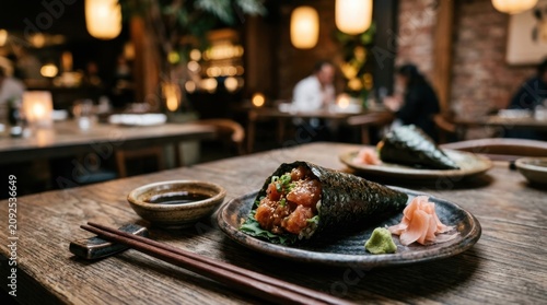 Delicious spicy tuna temaki served in upscale japanese restaurant with japanese