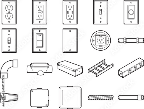 A collection of line drawings illustrates various electrical components, including outlets, switches, junction boxes, and conduit fittings.
