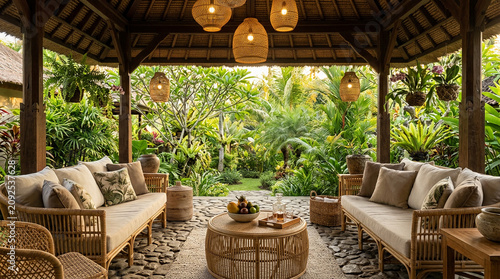 Outdoor patio with wicker furniture tropical.