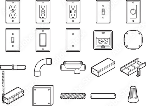 A collection of electrical components including outlets, switches, conduit fittings, and junction boxes, presented in a clean line art style on a white background.