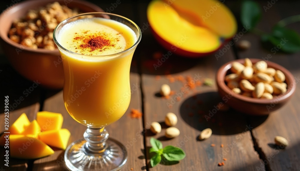 Obraz premium Bright yellow mango lassi drink garnished with spice sits on wooden table. Fresh mango slices and pistachios nearby. Aromatic beverage with creamy texture.