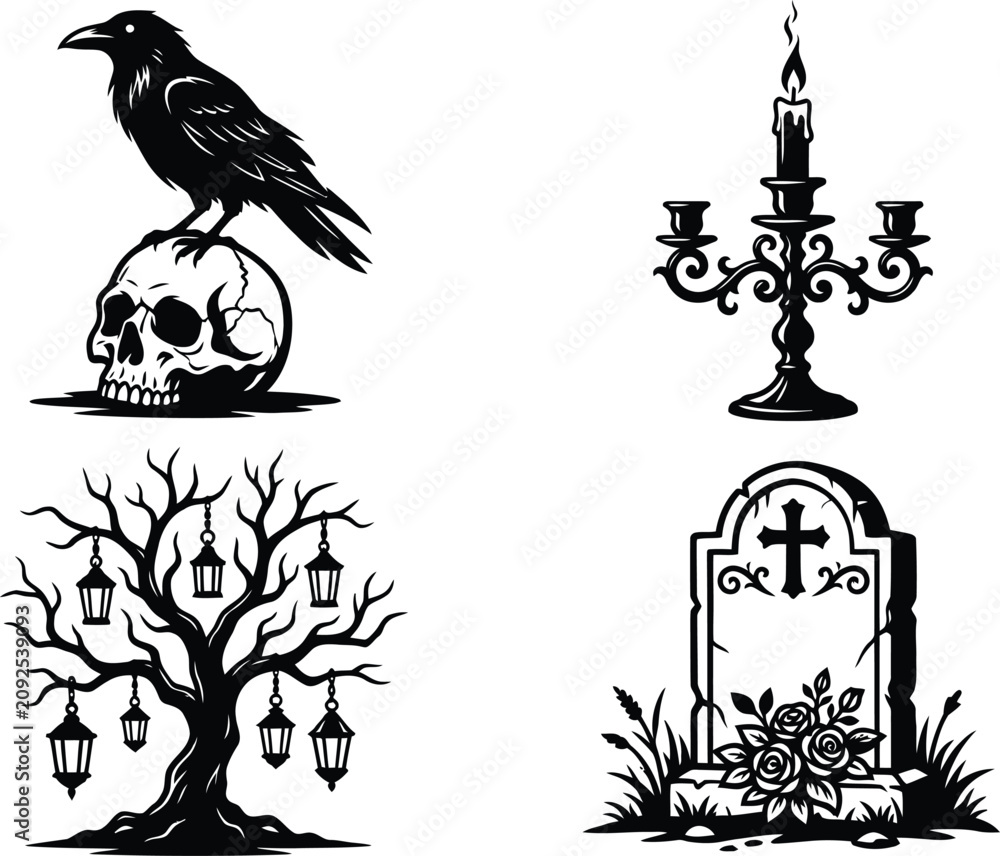 Fototapeta premium Halloween silhouette icons set