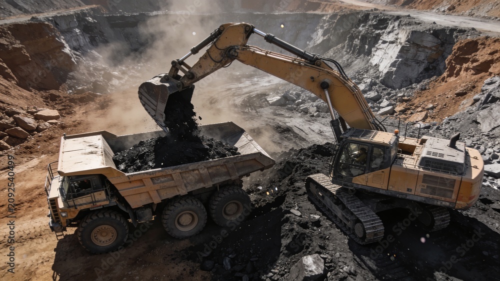Fototapeta premium Open-pit mining scene with excavator loading a haul truck from an aerial drone perspective.