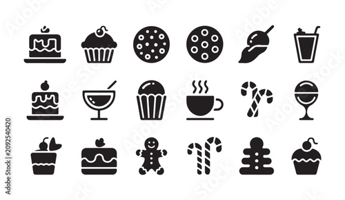 Cuadro en lienzo Collection of fifteen monochrome cafe icons representing various sweet desserts and drinks