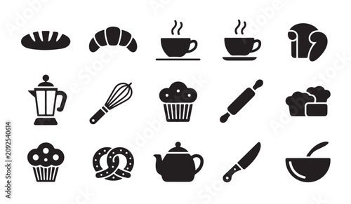 Obraz na płótnie Baking tools and food icons set featuring bread coffee pots whisk rolling pin and kitchen