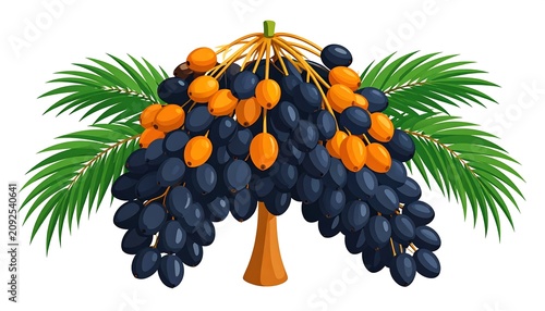 Digital illustration of a palm tree laden with clusters of dates, some amber, some dark, with bright green fronds